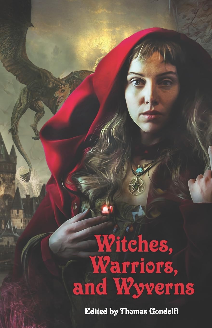 A fantasy anthology book cover featuring a female character in red robes, standing in front of a fantasy castle with a dragon flying above her.