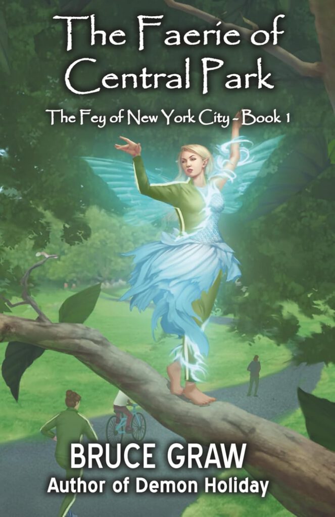 The first book in the Fey of New York City series. A young woman dressed as a faerie floats in a park with wings, while people walk in the background of Central Park.