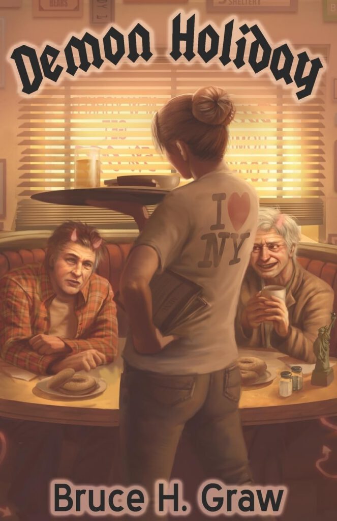 An urban fantasy book cover showing a woman standing with her back to the viewer in a diner, holding a plate of food. Two men sit at the table, while one of them appears to have horns.