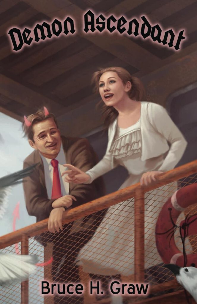 A book cover depicting a smiling woman in a white dress standing next to a man with devil horns on a boat. The background shows a scenic view of a body of water, with birds flying nearby.