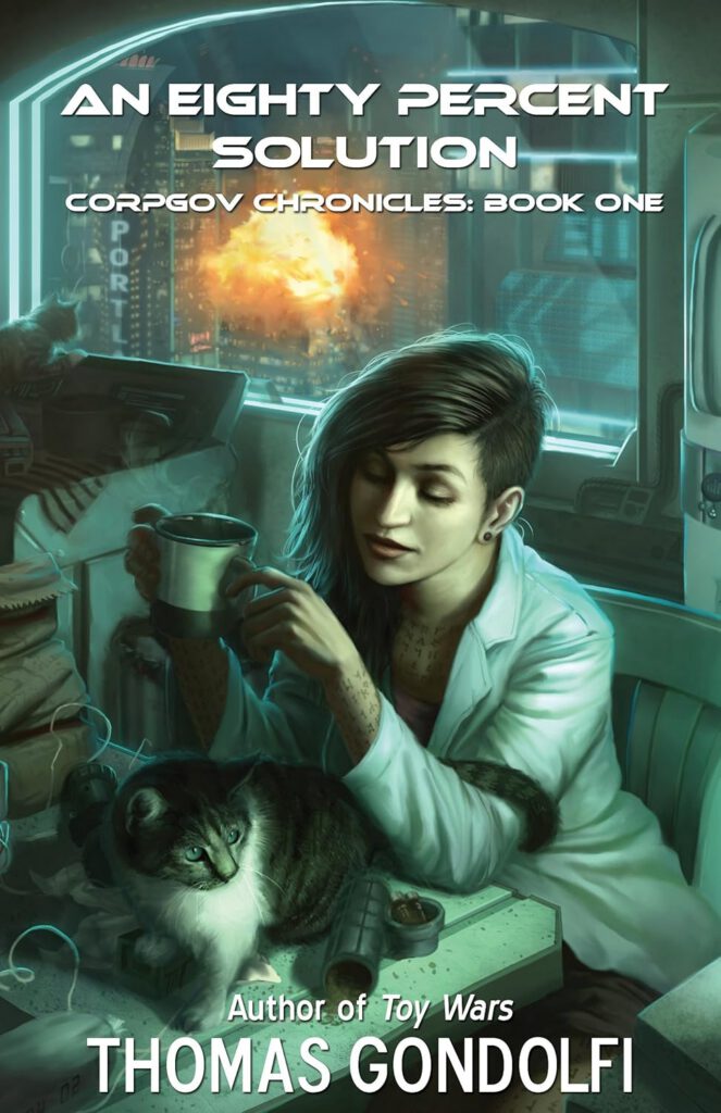 A woman in a white coat lounges in a futuristic room, holding a drink and stroking a tabby-and-white cat. A glowing computer interface floats nearby, and a large explosion is visible through the window behind her. The title appears at the top, and the author's name, "Thomas Gondolfi," is at the bottom.