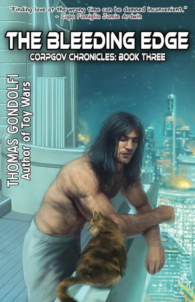 A shirtless man with long dark hair leans over a balcony, looking pensively at the glowing cityscape below. A cat rests nearby, interacting with him. The setting has a cyberpunk or futuristic tone, and the title and author’s name run vertically and horizontally across the cover.