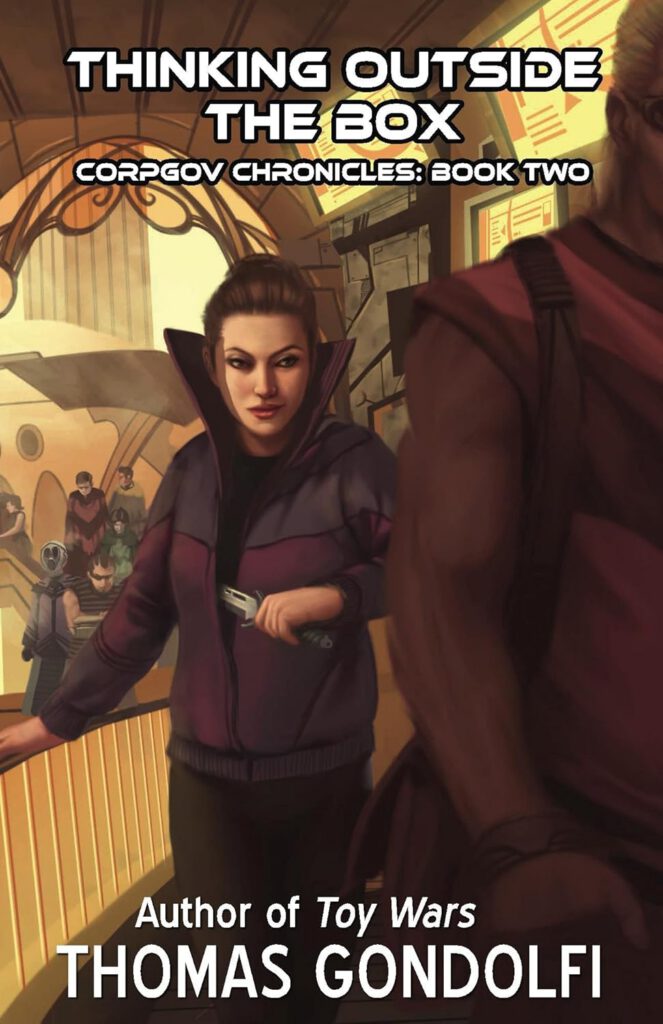 A determined woman in a dark purple outfit stands confidently in a high-tech corridor. She is looking at a large muscular man in front of her. The setting is a futuristic city. The title is at the top, and "Thomas Gondolfi" is written at the bottom.