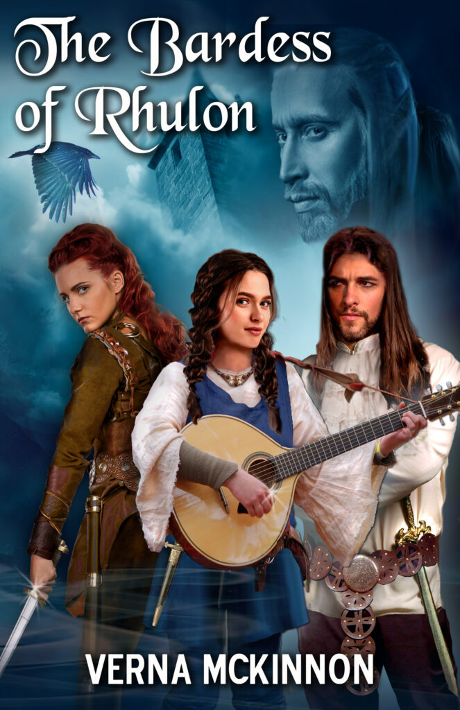 A fantasy book cover featuring a woman playing a guitar, dressed in a leather outfit, with two male characters standing beside her in a mystical setting. The background features a male figure with an intense expression.