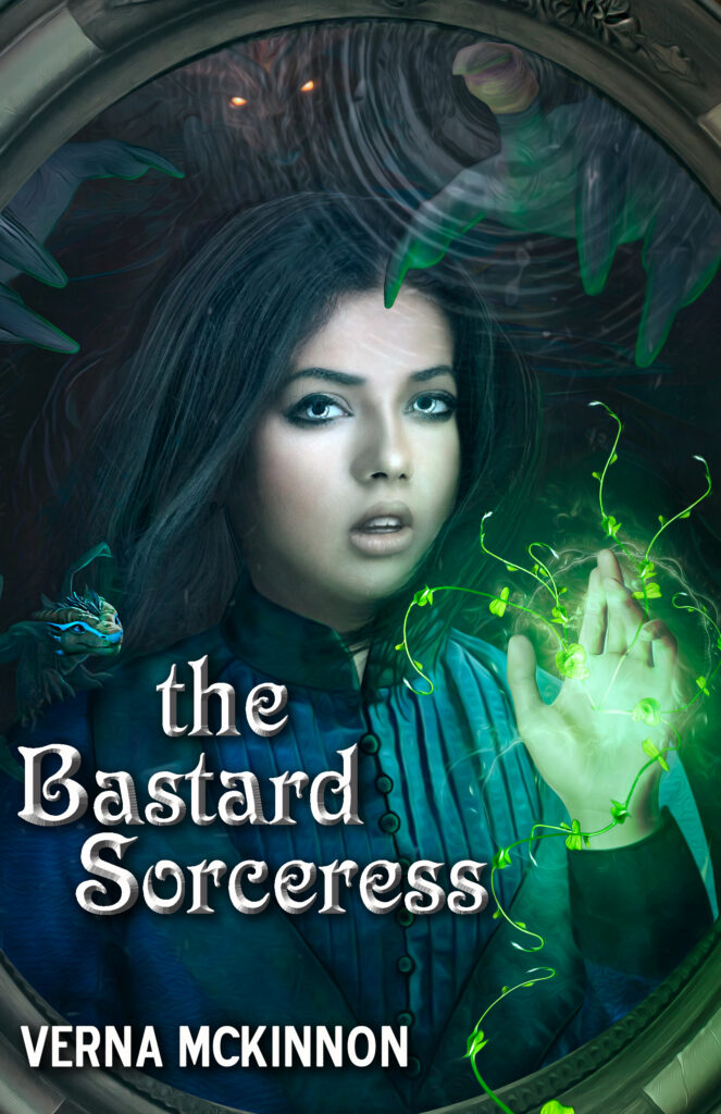 A book cover showing a young woman with dark hair, standing in a magical environment. Green glowing lights surround her hands as she stares intensely at the viewer, and the background is filled with swirling water.