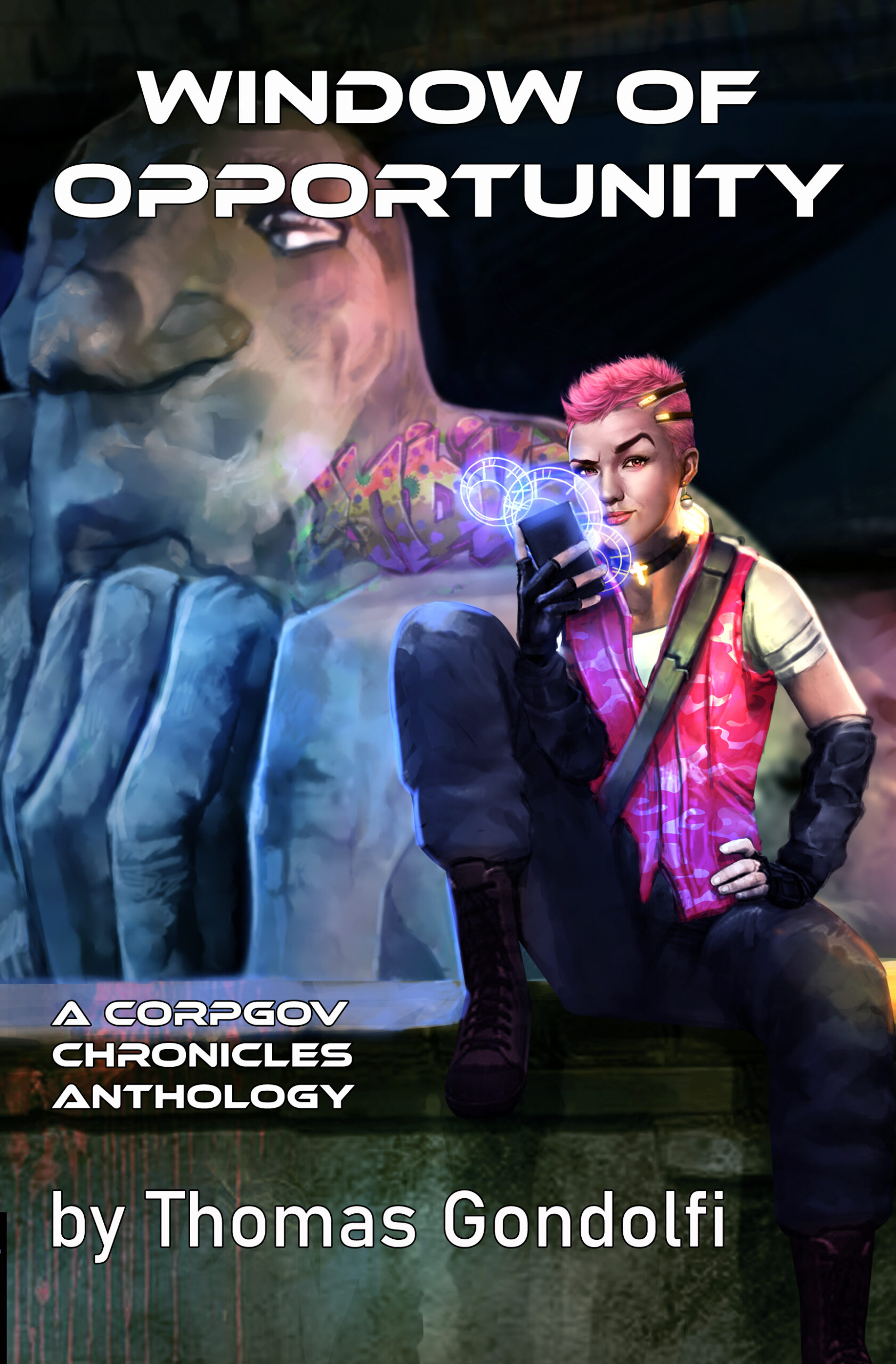 A person with pink hair and a futuristic outfit sits casually on a ledge in front of a massive stone statue. They’re holding a glowing blue device, possibly a weapon or tool. The setting is colorful and surreal, blending technology and mystery. The title is at the top, and "by Thomas Gondolfi" is at the bottom.